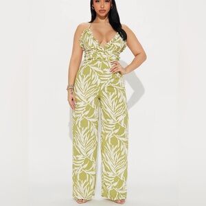 Iris Olive and White Leaf Jumpsuit